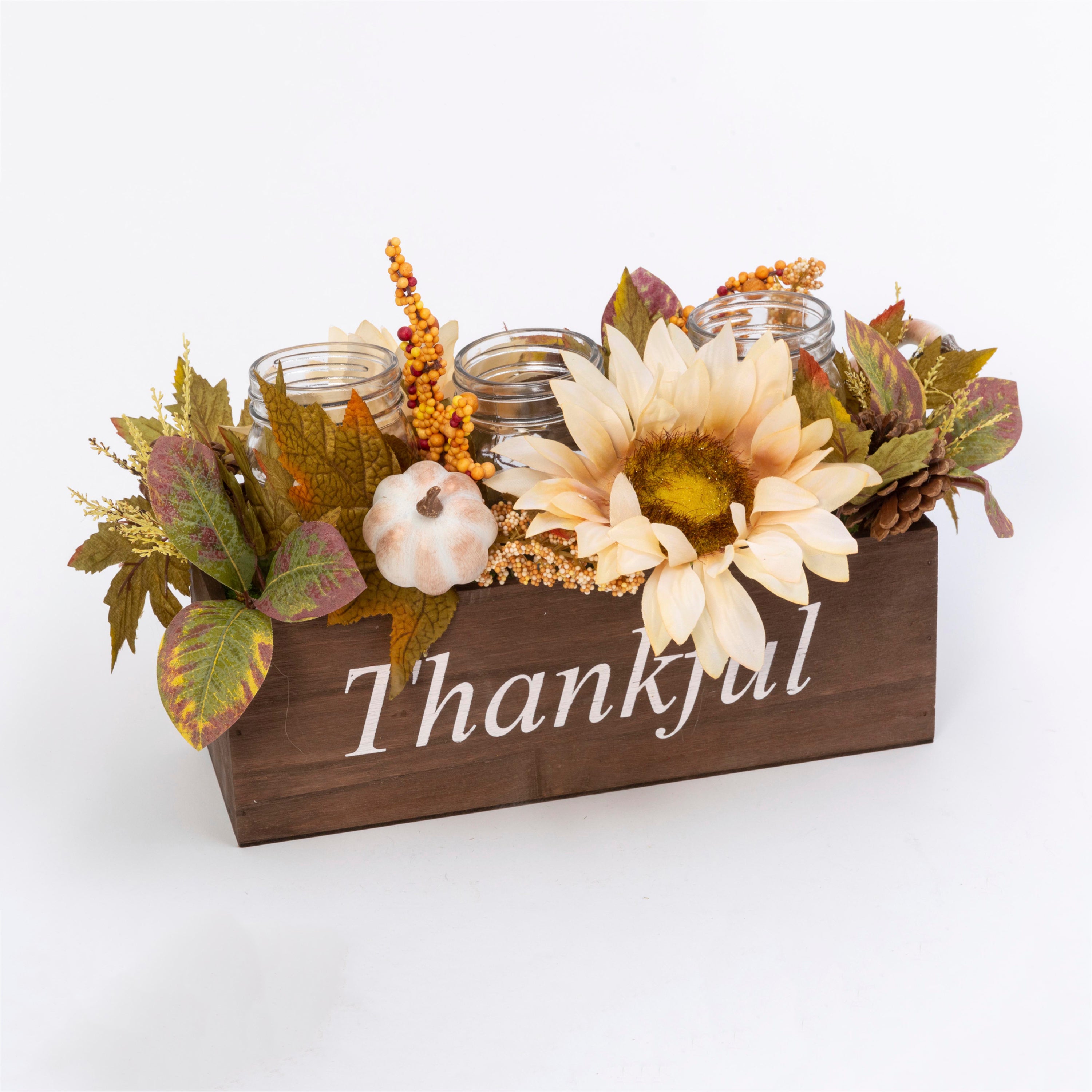 16-in long Wood Fall box filled with florals and 3 candle jars